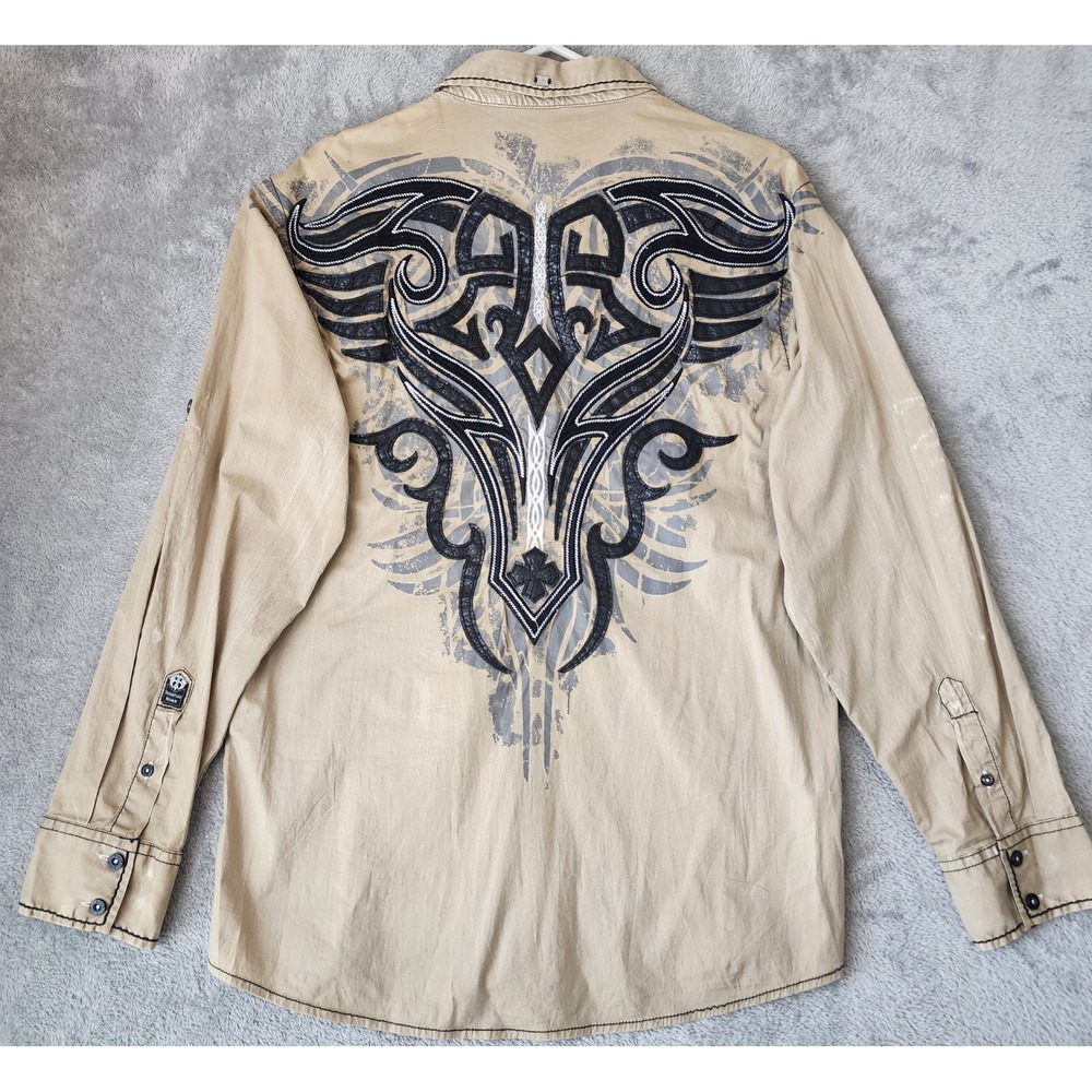 Roar Signature Shirt Mens Large Tan Black Tribal Graphic Button Down Western